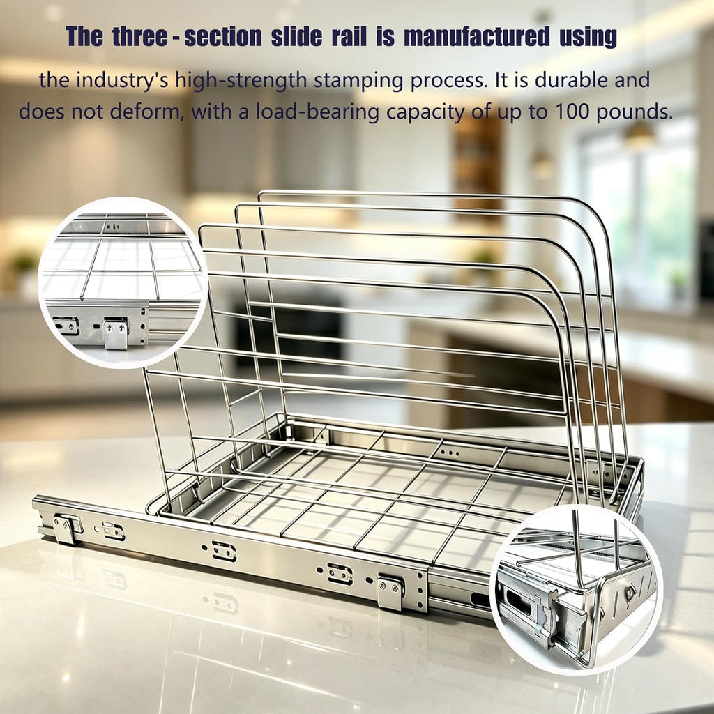 Pull Out Baking Pan Organizer for Cabinet, Cookie Sheet, Cutting Board, Tray Organizer for Cabinet, Adjustable, 22.5"D x11"H x 13"W, Pull/Slide Out Organizer-Heavy Duty, Chrome steel, 50-Year Warranty