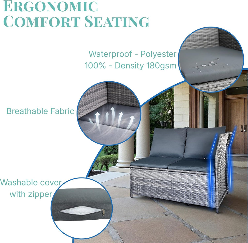 GIANGSUNNY 3 Patio Furniture Set with Storage, Outdoor Sectional Wicker Rattan Conversation Set with Loveseat & Glass Coffee Table, All-Weather Patio Seating (Grey, 3Pcs Set with Storage)
