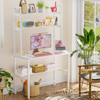 Aquzee Computer Desk with Hutch, 40“W x 19.6" D Desk with Shelves, Tall Home Office Desk with Bookshelf, Metal Legs Study Table with Upper Storage Shelf for Study Writing/Workstation, White