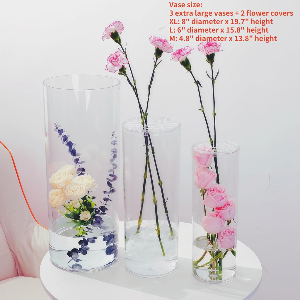 Extra Large Acrylic Cylinder Clear Vase for Floor, Tall Big Wide Mouth Plastic Unbreakable Hurricane Flower Vases of 3 for Home Decor (D 8" X H 19.7", D 6", D 4.8" + 2 Holder)