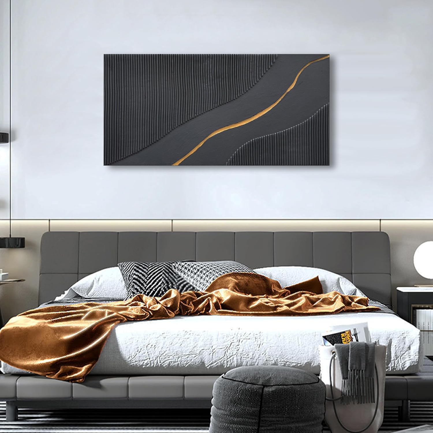 NANKAI Art Hand Painted Black and Gold Texture Minimalist Oil Painting 24x48 inch Home wall Deco Art Painting