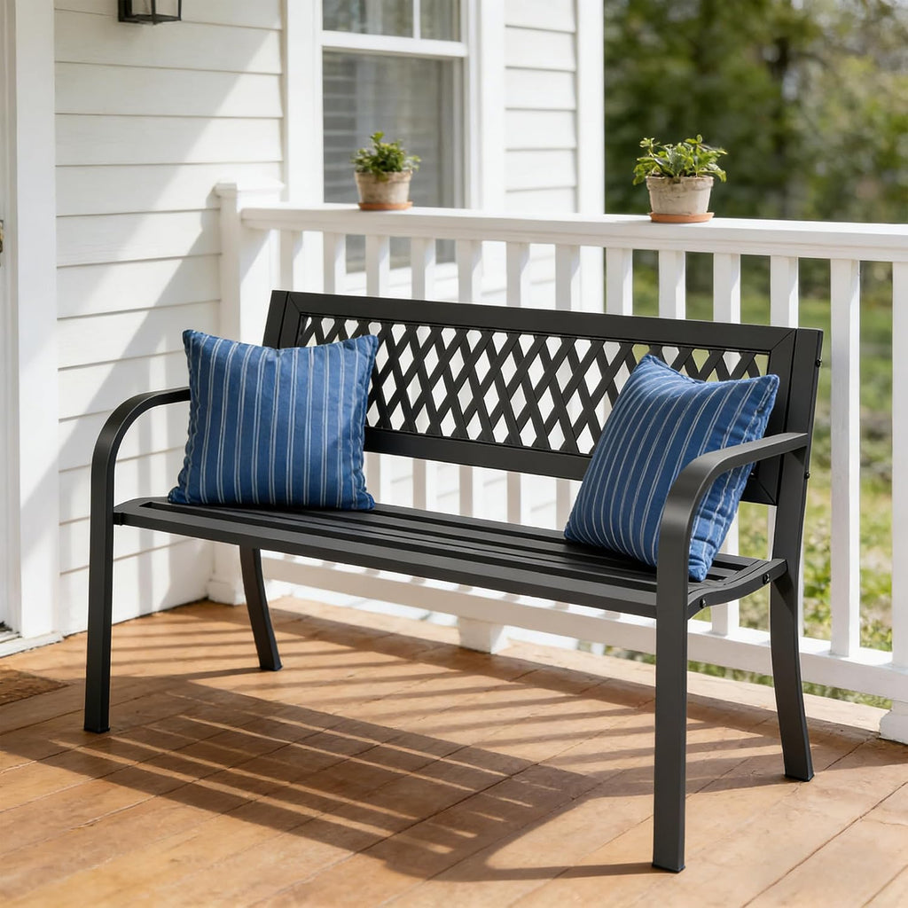 Outdoor Garden Bench, Weatherproof Metal Park Bench for Garden Lawn Porch Park Backyard, Sturdy Steel Patio Bench with Ergonomic Backrest for Front Porch Entryway Outside Seating, Black