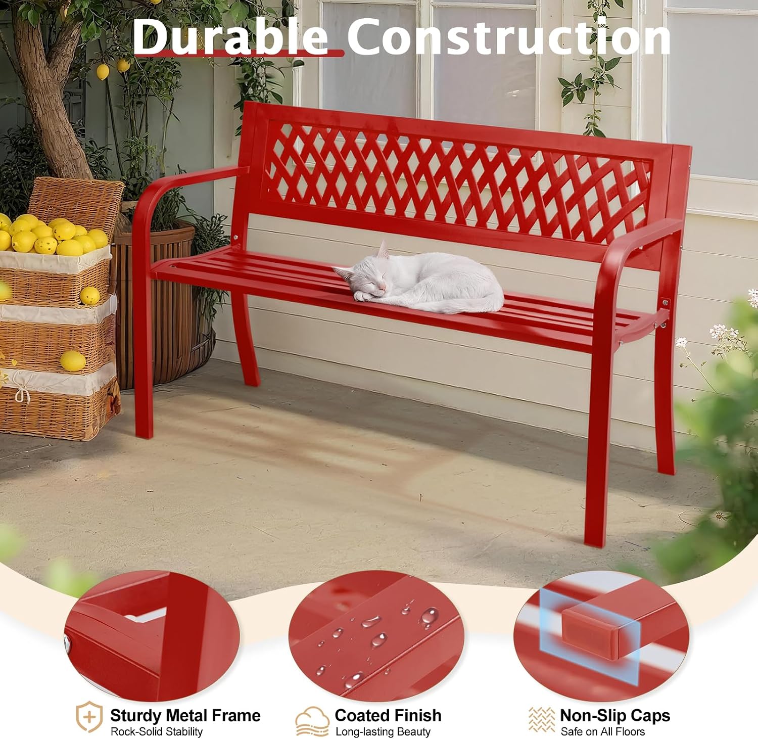 VINGLI 47'' Outdoor Bench, Weather Resistant Garden Patio Bench Powder Coated Iron Frame w/PVC Mesh Backrest Slatted Seat, 2-Person Outdoor Furniture for Front Porch Entryway Park (Red)
