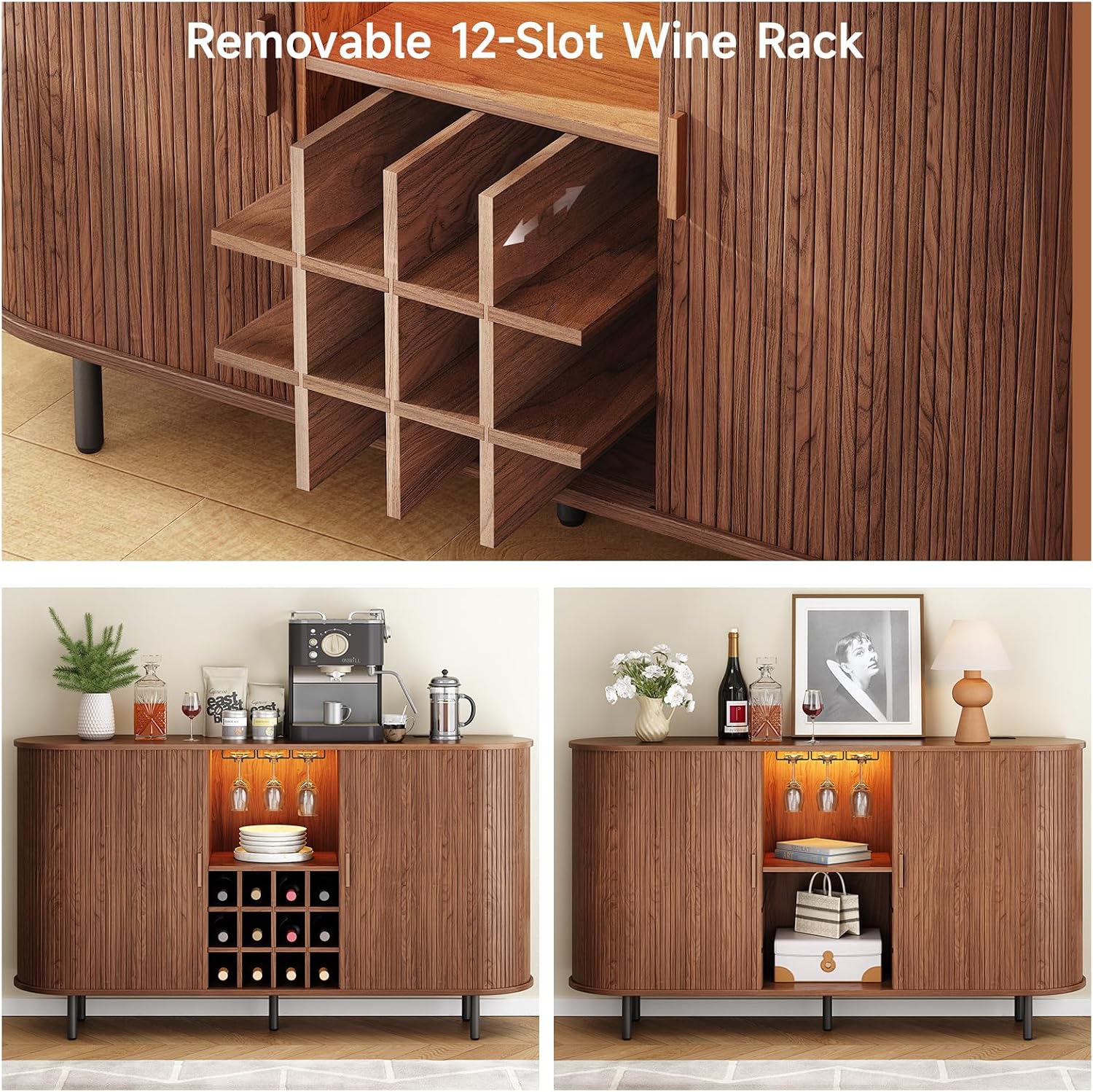 ONBRILL 63" Wine Bar Cabinet with LED Light,Modern Liquor Whiskey Coffee Station with Wine Rack and Glass Holder, Farmhouse Buffet Sideboard with Storage for Living Room, Kitchen, Entryway (Walnut)