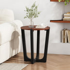 Round Wood Side End Table, Modern Industrial Accent Table with Curved Black Metal Legs, Small Sofa Side Table Nightstand for Living Room Bedroom Entryway