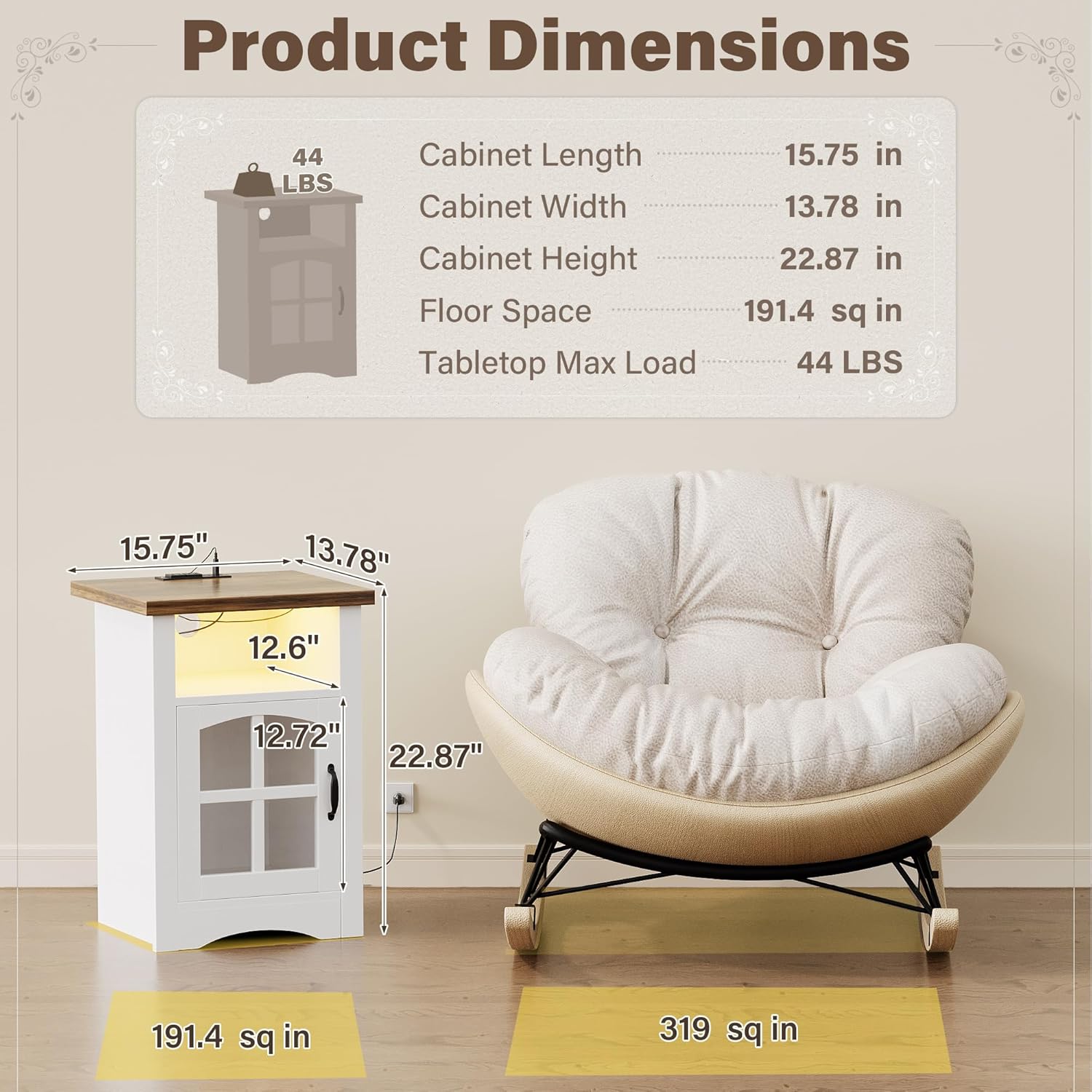 YESHOMY Farmhouse End Table with Charging Station, Night Stand with LED Light,Open Storage Shelf and Glass Door, Sofa Side Table for Living Room/Bedroom(White)