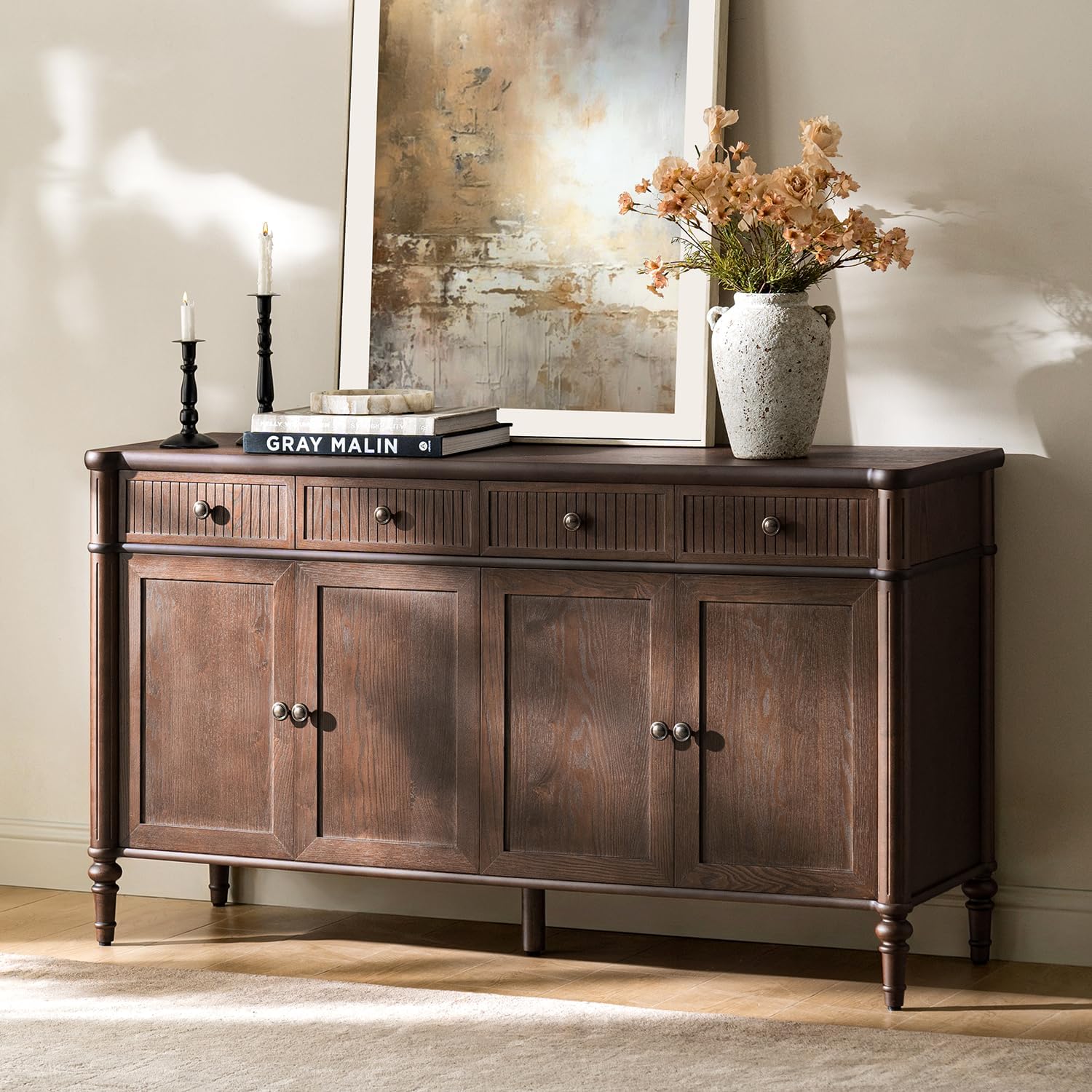 HULALA HOME Wood Sideboard Cabinet, 58" Storage Sideboard with 2 Adjustable Shelves, 2 Fluted Drawers & 4 Doors, Credenza Console, Transitional Buffet with Wood Legs, Auburn