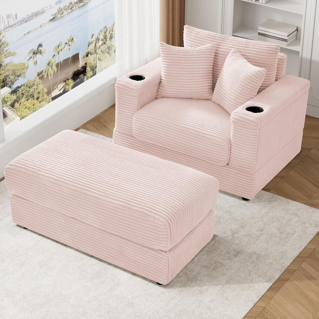 Oversized Chaise Lounge Chair Indoor with Adjustable Backrest, USB, Cup Holder & Ottoman, Firm Solid Wood Frame with Long Service Life Plush Corduroy Oversized Reading Chair for Study Room - Pink