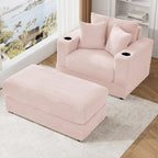 Oversized Chaise Lounge Chair Indoor with Adjustable Backrest, USB, Cup Holder & Ottoman, Firm Solid Wood Frame with Long Service Life Plush Corduroy Oversized Reading Chair for Study Room - Pink