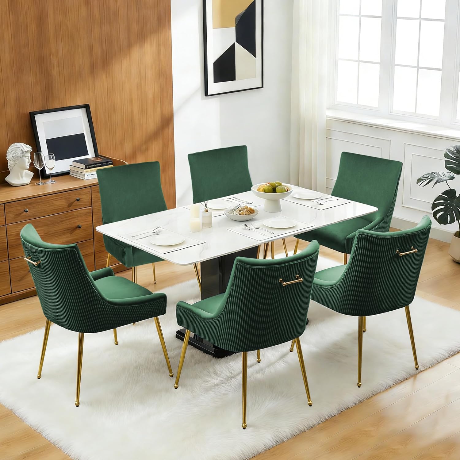 adochr Velvet Dining Chairs Set of 2, Modern Upholstered Kitchen Chair with Pull Handle & Pleated Back, Mid Century Accent Chair with Gold Metal Legs for Vanity,Dining,Kitchen,Living Room, Green