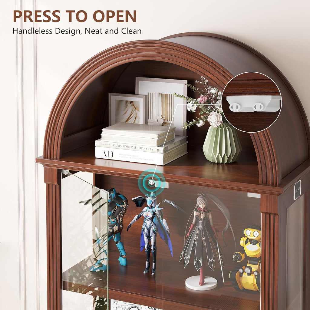 Dystler Curio Cabinet with Glass Doors, 72" Tall Arched Display Cabinet with Human Sensor Lights, 4-Tier Display Case for Collectibles Bookcase Living Room, Walnut