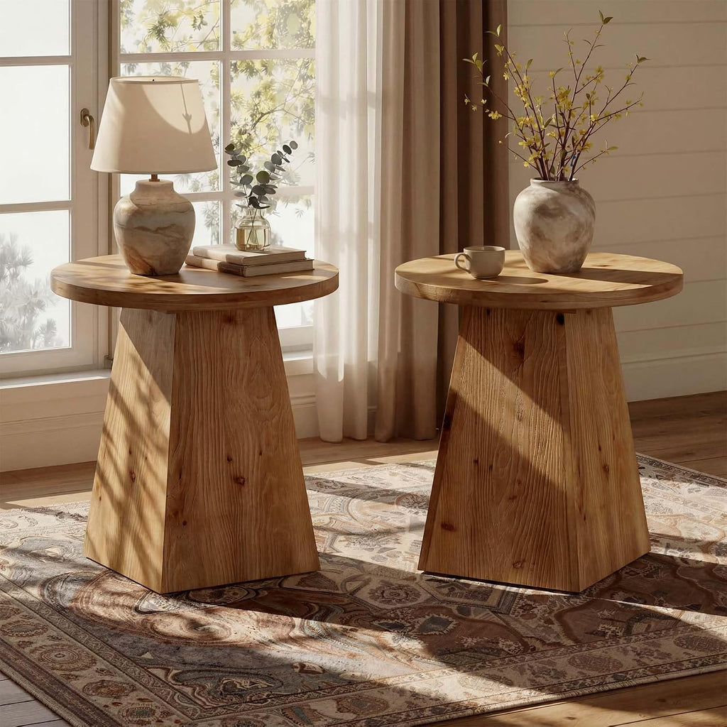 Solid Wood End Table Set of 2, 19” Round Side Table with Trapezoid Base for Small Spaces, Living Room, Easy Assembly, Vintage Brown