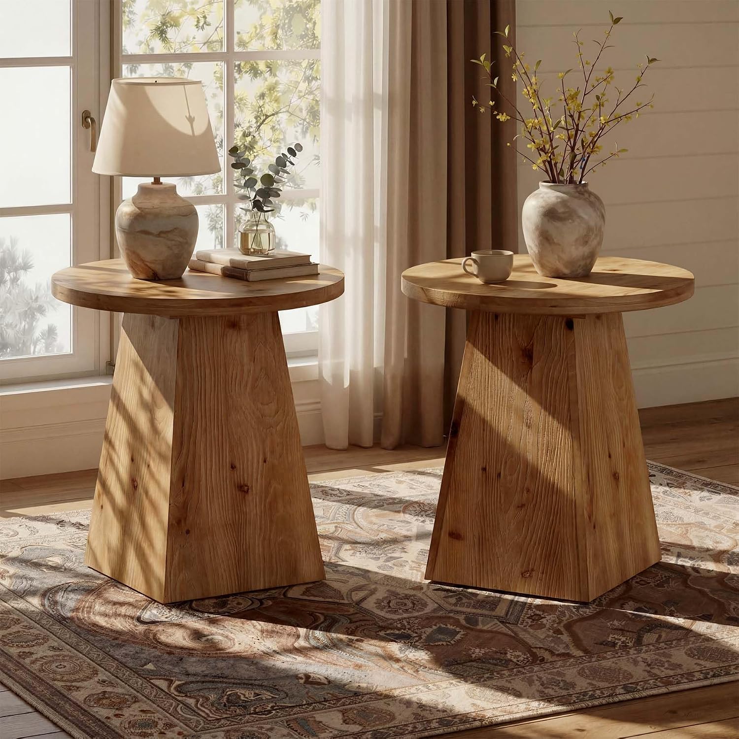 Solid Wood End Table Set of 2, 19” Round Side Table with Trapezoid Base for Small Spaces, Living Room, Easy Assembly, Vintage Brown