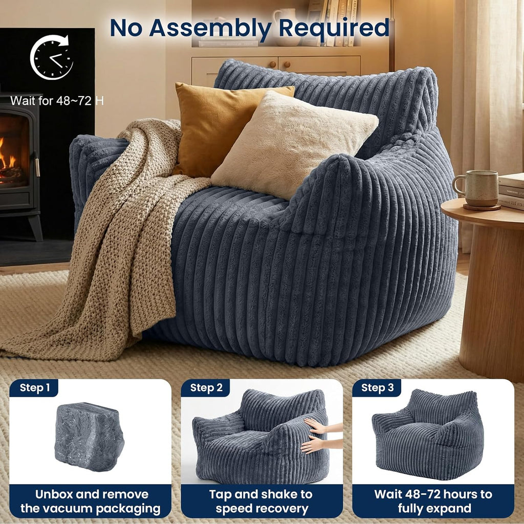 Giant Bean Bag Chair for Adults, Fluffy Supportive Boneless Lounge Sofa Chair, Superior Large Reading Floor Stuffed Sofa Bed, Oversized Accent Comfy Couch for Living Room, Bedroom, Study, Dorm (Grey)