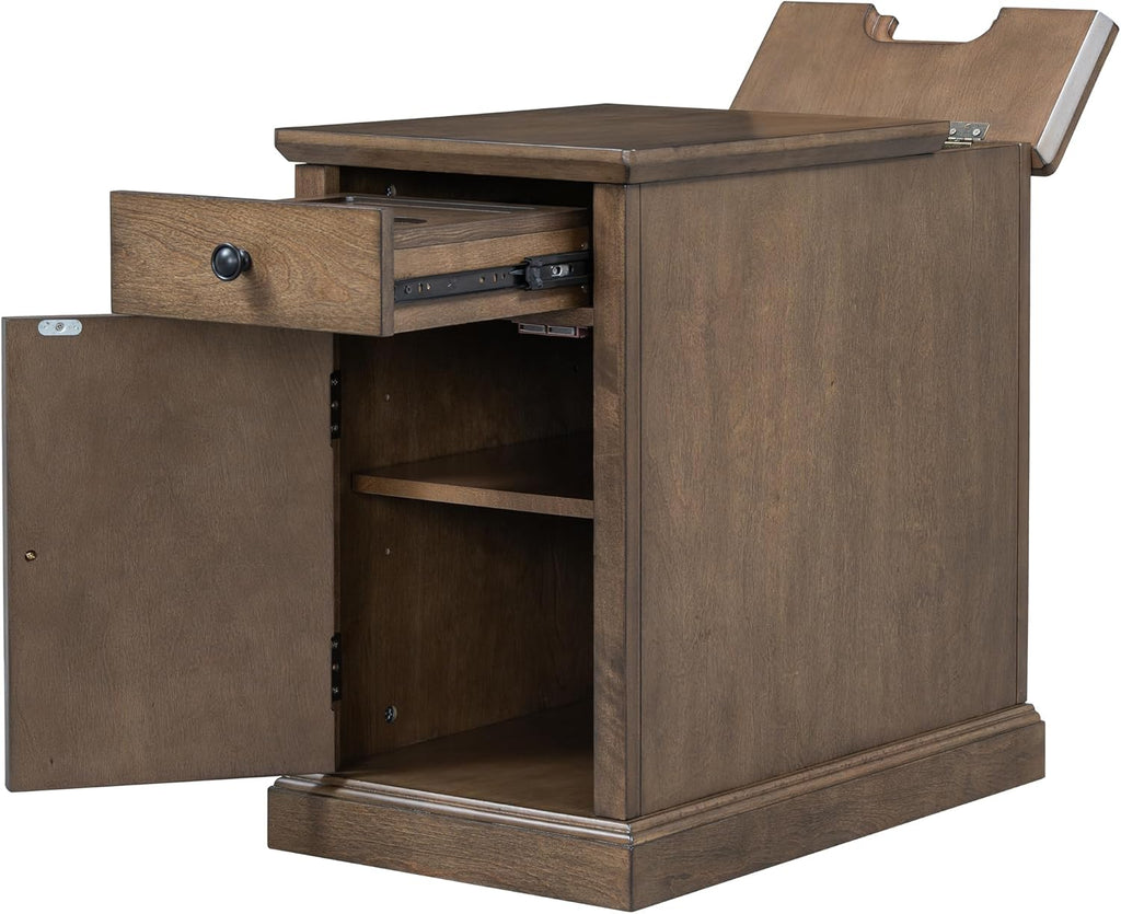 Merax Vintage End Table with Charging Station, Narrow Side Table with Cup Holders and Storage Cabinet for Living Room & Bedroom, Antique Brown
