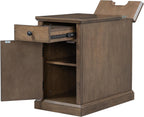 Merax Vintage End Table with Charging Station, Narrow Side Table with Cup Holders and Storage Cabinet for Living Room & Bedroom, Antique Brown