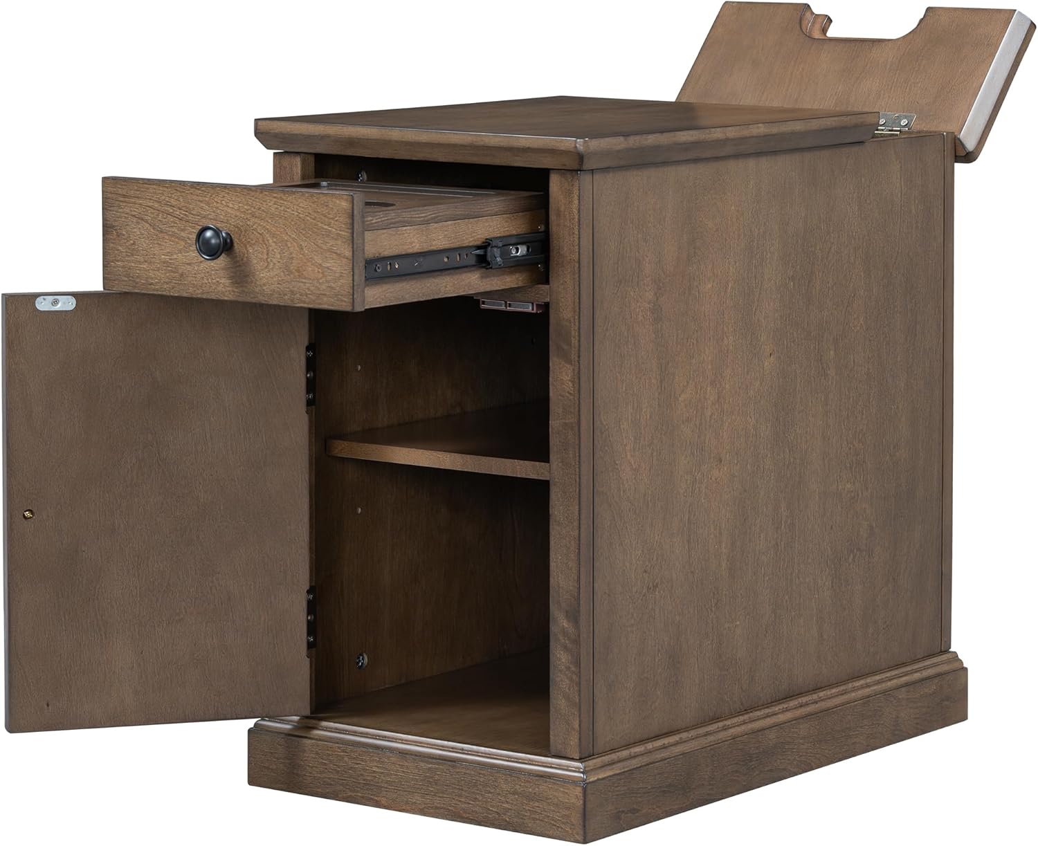 Merax Vintage End Table with Charging Station, Narrow Side Table with Cup Holders and Storage Cabinet for Living Room & Bedroom, Antique Brown