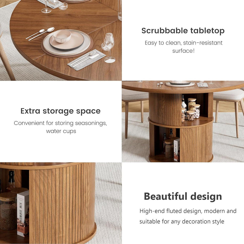 47 inch Round Dining Table for 4, Farmhouse Kitchen Dining Table with 2-Layer Storage Shelf and Fluted Panel, Modern Wooden Dining Room Table for Home, Kitchen, Living Room (Walnut)
