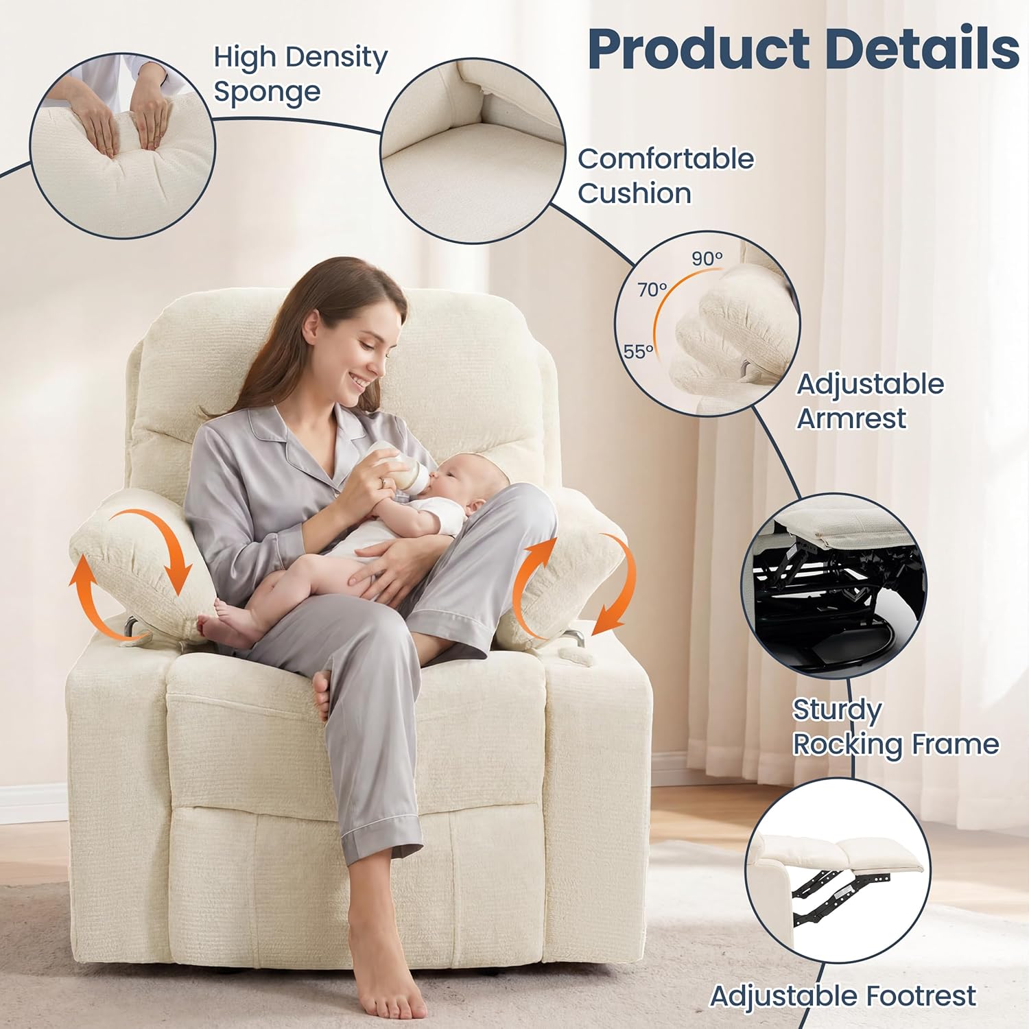 FiveWillowise Rocking Chair Nursery with Adjustable Armrests, 360° Swivel Rocker Recliner for Moms, Manual Gilder Rocker Nursing Chair with Wide Foot Rest for Living Room, Bedroom, Beige
