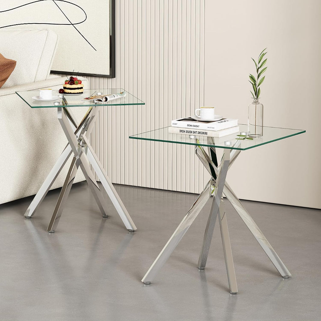 Modern Glass Side Table 17.72" Square End Table with Metal Legs, Small Clear Tempered Glass Sofa Tables for Living Room, Bedroom, Nightstand (Silver)