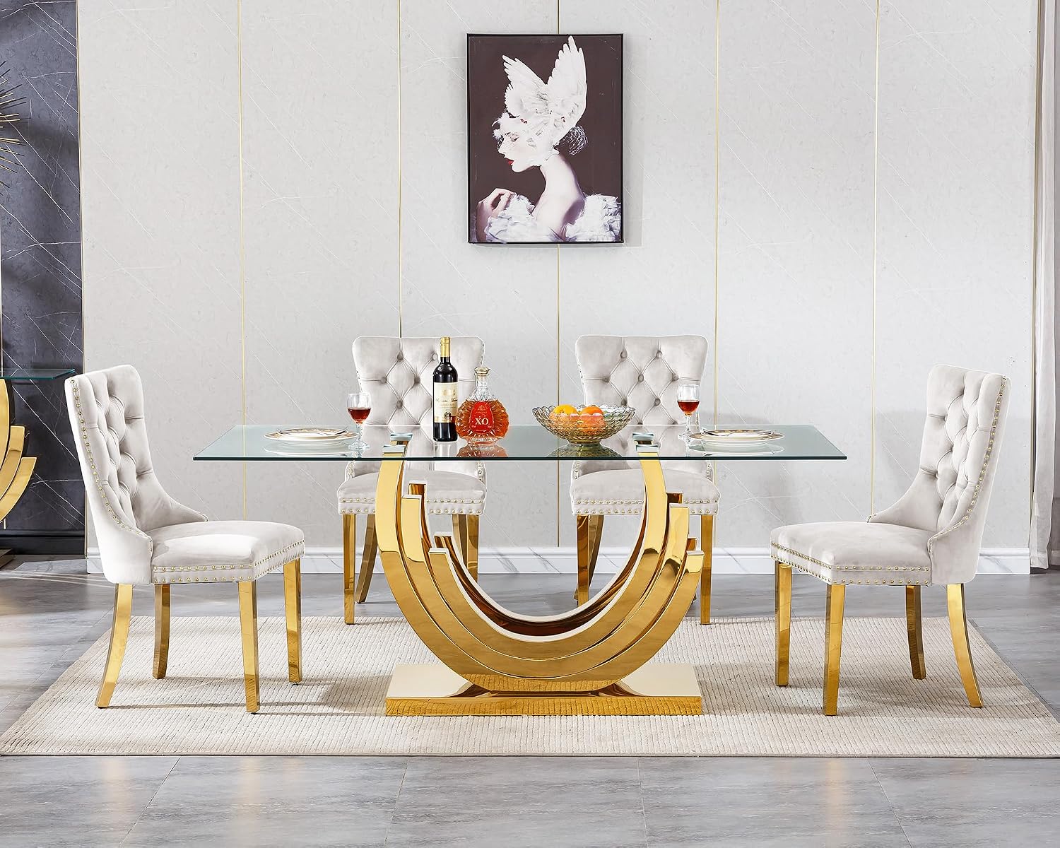 70 inch Tempered Glass Dining Table, Rectangular Glass Kitchen Table with Gold Stainless Steel C Shape Base, 4 to 6 Seater, Modern Dining Room Table for Daily Meals, Dinner Party, Family Gathering