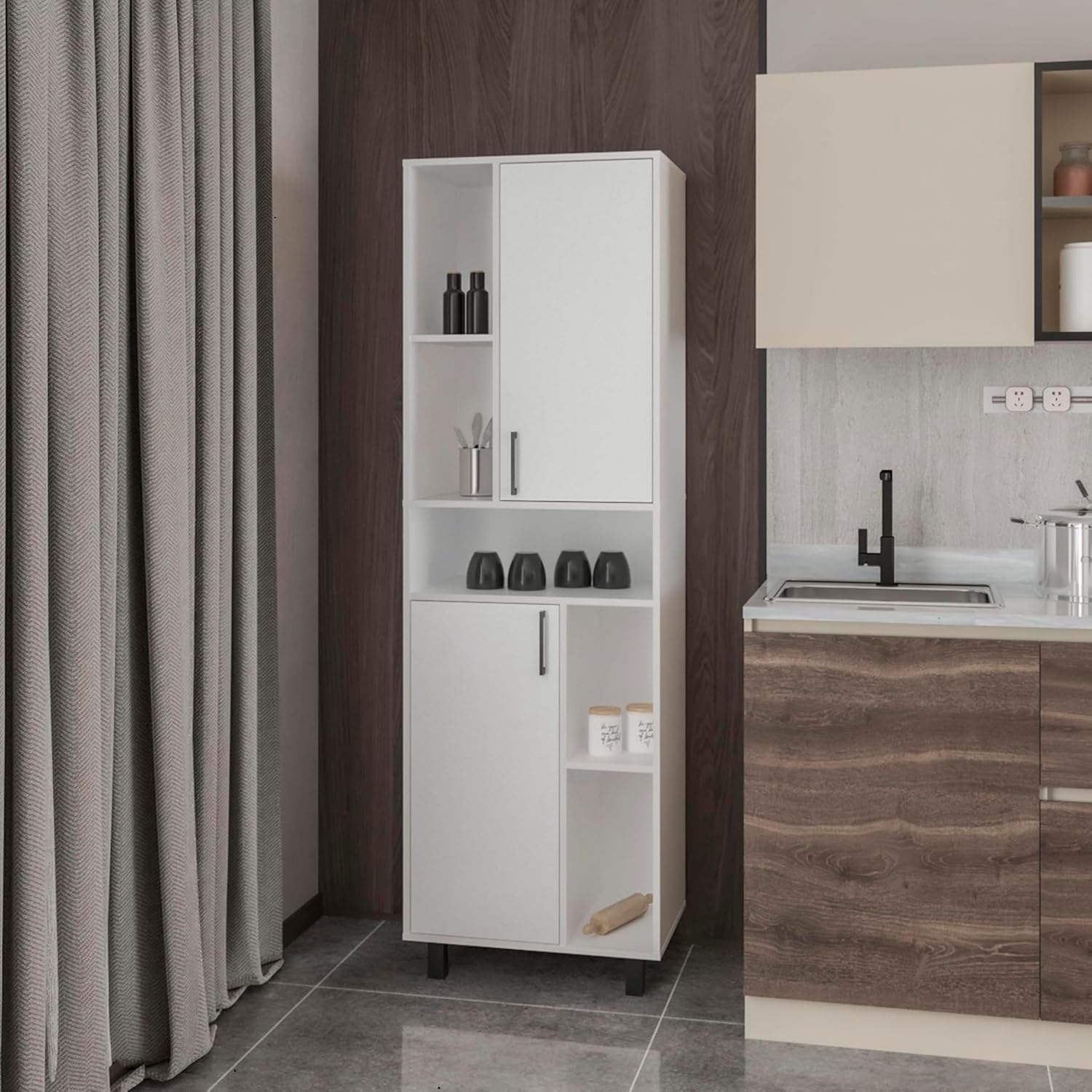 23.6" D*16.2" W*74.8" H Freestanding Kitchen Pantry with 4 Shelves, 2 Single Doors, Rectangular Storage Cabinet, Modern Minimalist, for Living Room, Dining Room, White