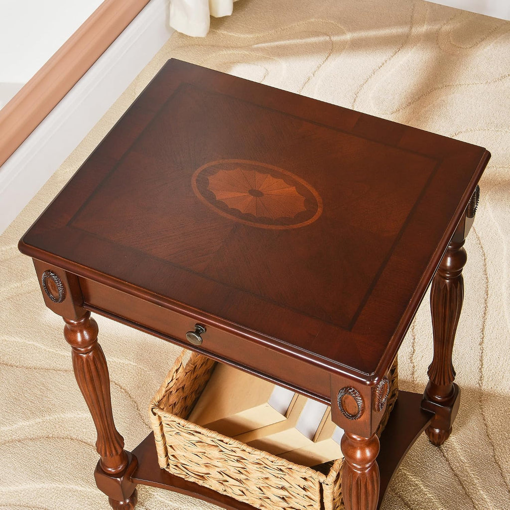 Narrow End Side Table with Drawer and Storage Shelf Set of 2, Sofa Beside Table,No-Tools Assembly Antique Wood Nightstand for Living Room,Small Space, 27.6”H x 19.7”L x 15.7”W Cherry Walnut GBJ1533WD