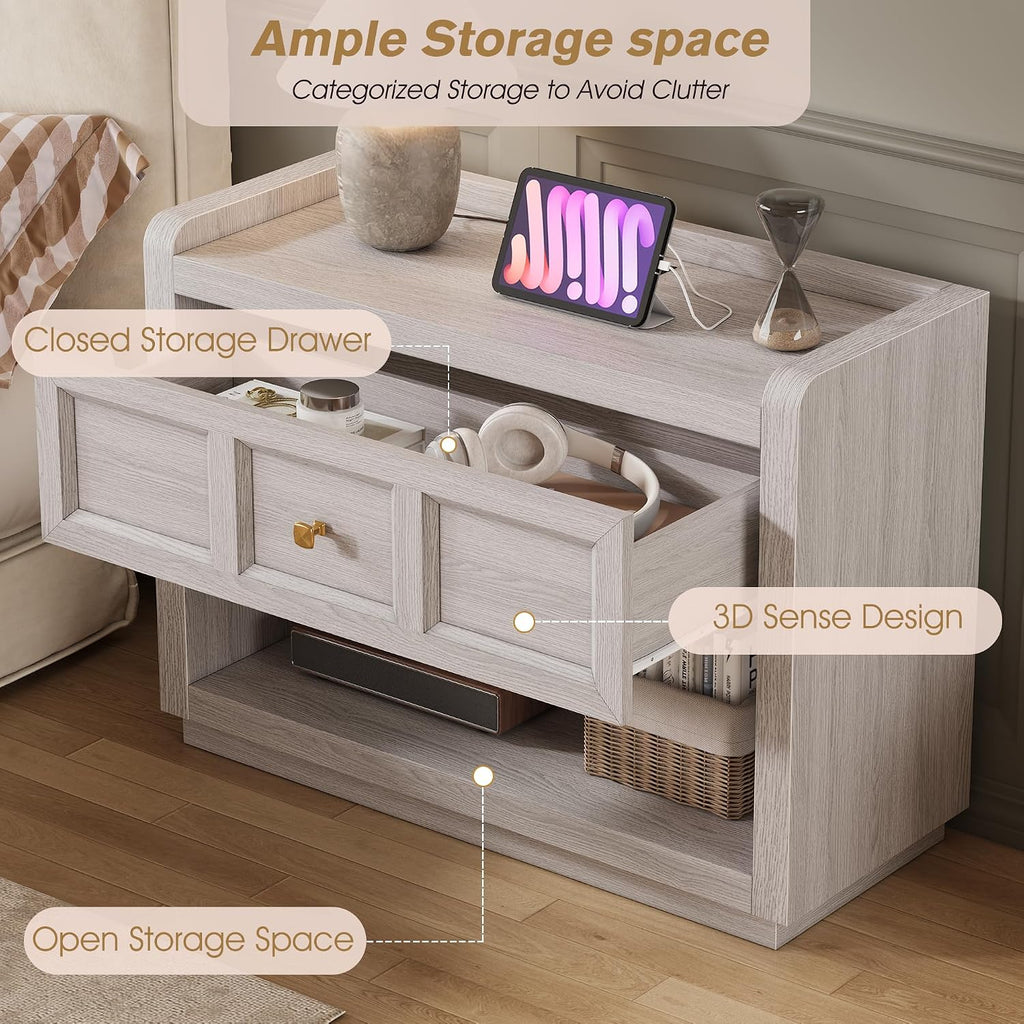 Night Stand Set of 2 with Charging, 31" Farmhouse Nightstands with Drawer Storage Large Modern King Size Bed Side Table for Bedroom Living Room Sofa Office, Grey