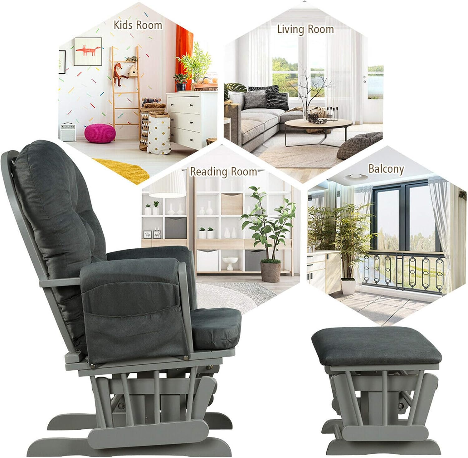 DORTALA Baby Glider Rocker with Ottoman, Multi-Position Glider with Cleanable Upholstered, Smooth Rocking Motion, Nursery Glider & Ottoman Sets for Nursing Baby, Reading, Grey