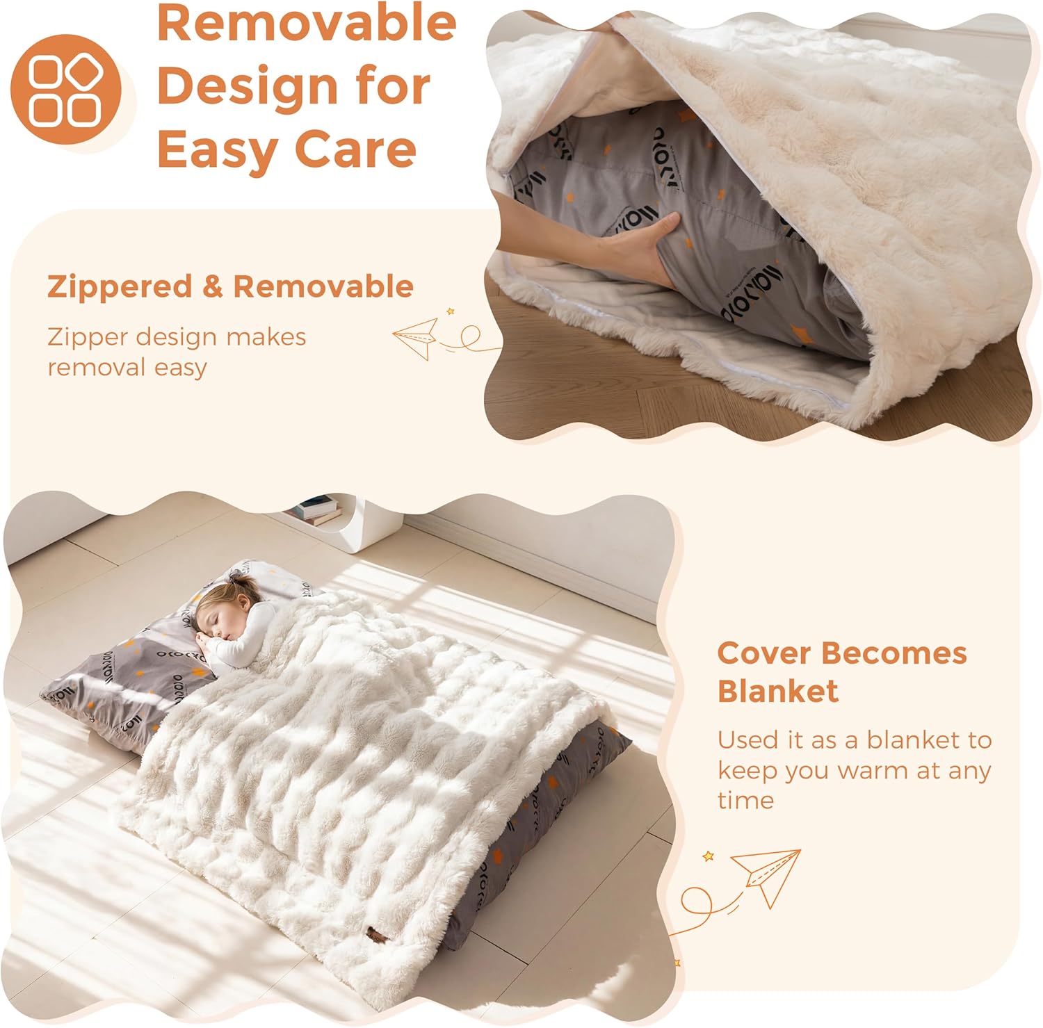 MAXYOYO 3 in 1 Kids Bean Bag Chair, Child Floor Sofa for Gaming, Reading, Convertible Bean Bag Floor Cushion with Machine Washable Cover for Living Room Bedroom, Beige