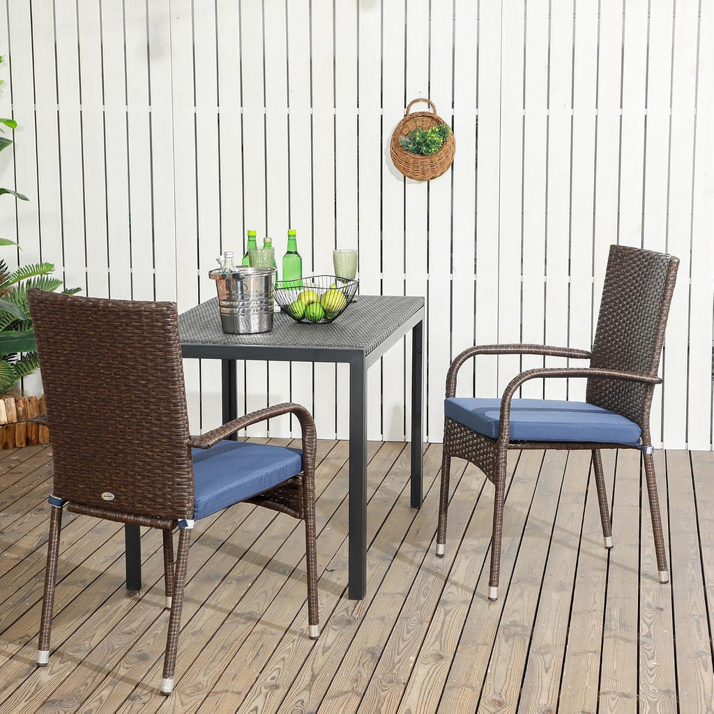 Patio Dining Chairs, Stackable PE Rattan Wicker Outdoor Dining Chairs with Cushion Armrests Backrest, Blue Patio Chair Garden Chair for Backyard Patio Balcony Dining Seating
