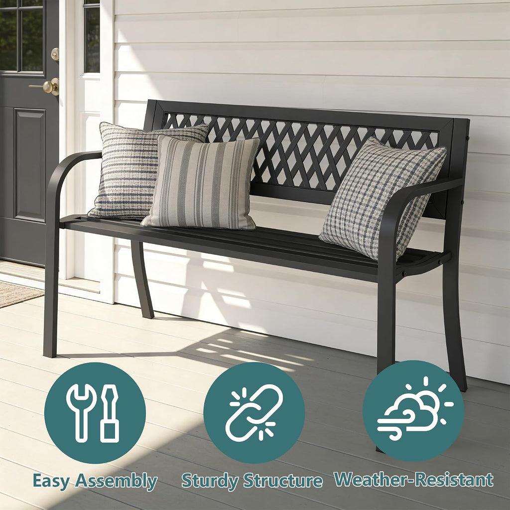 Outdoor Garden Bench, Weatherproof Metal Park Bench for Garden Lawn Porch Park Backyard, Sturdy Steel Patio Bench with Ergonomic Backrest for Front Porch Entryway Outside Seating, Black
