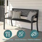 Outdoor Garden Bench, Weatherproof Metal Park Bench for Garden Lawn Porch Park Backyard, Sturdy Steel Patio Bench with Ergonomic Backrest for Front Porch Entryway Outside Seating, Black