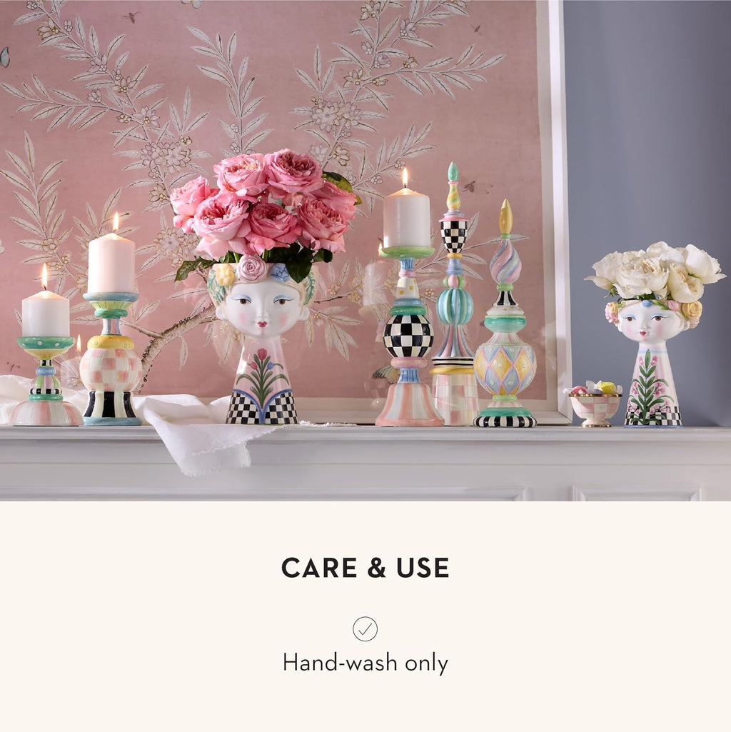 MACKENZIE-CHILDS Ceramic Lady Vase, Unique Flower Vase Decor, Bouquet Holder for Living Room, Short, Rosy Meadow