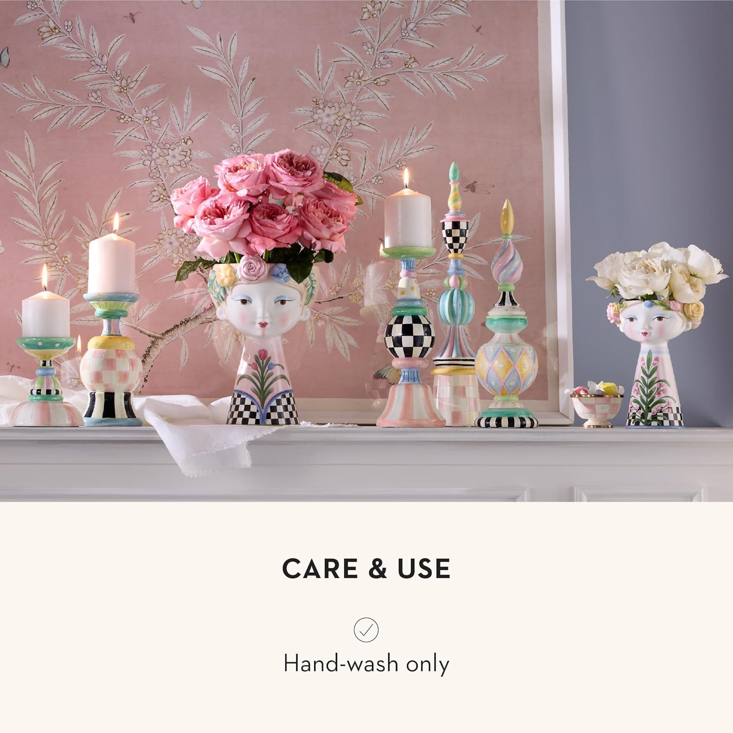 MACKENZIE-CHILDS Ceramic Lady Vase, Unique Flower Vase Decor, Bouquet Holder for Living Room, Short, Rosy Meadow