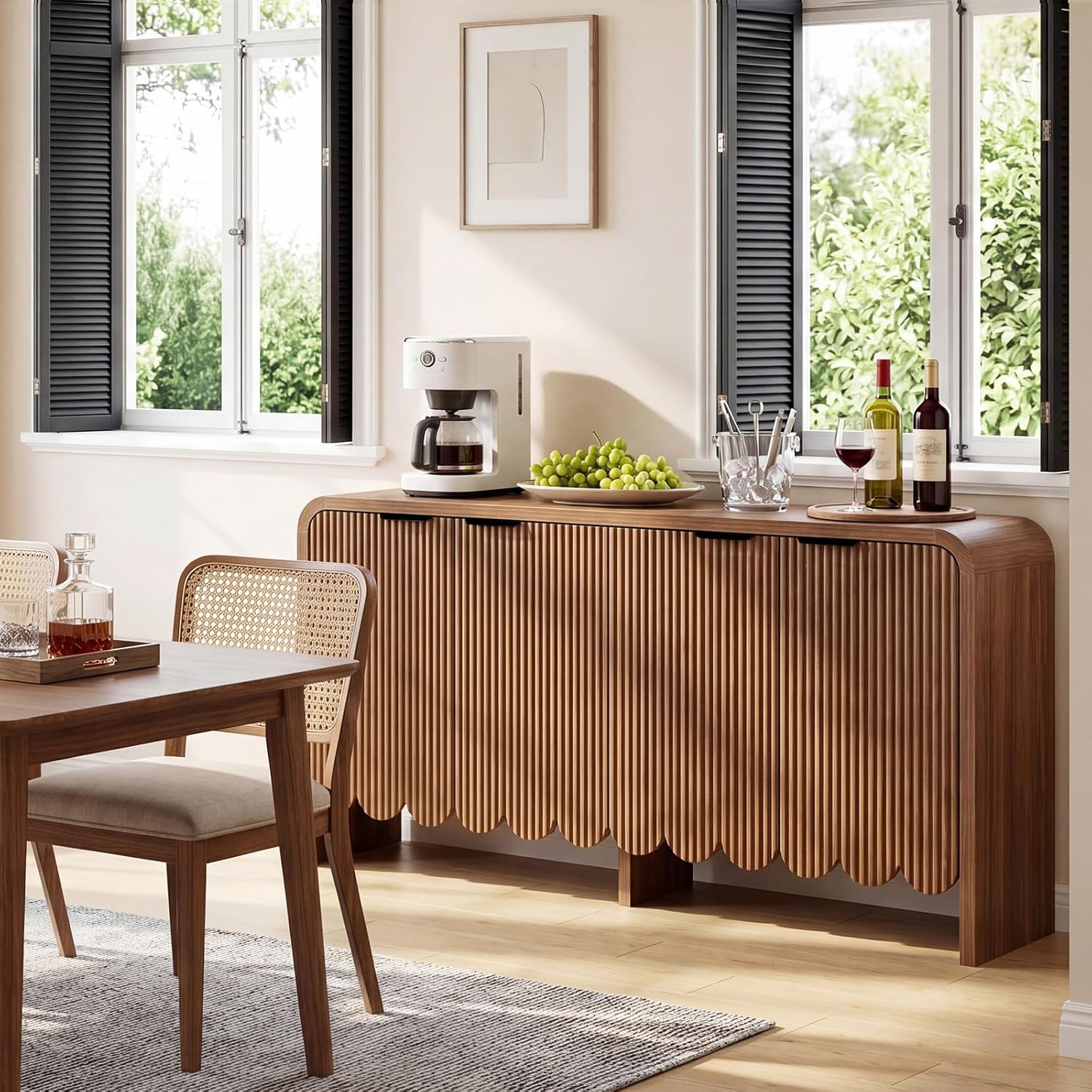Walnut Sideboard Buffet Cabinet, Wood Storage Credeza with 4 Doors and Adjustable Shelves, Mid-Century Console Cabinet for Living Room, Kitchen, Hallway, Entrway (Walnut)