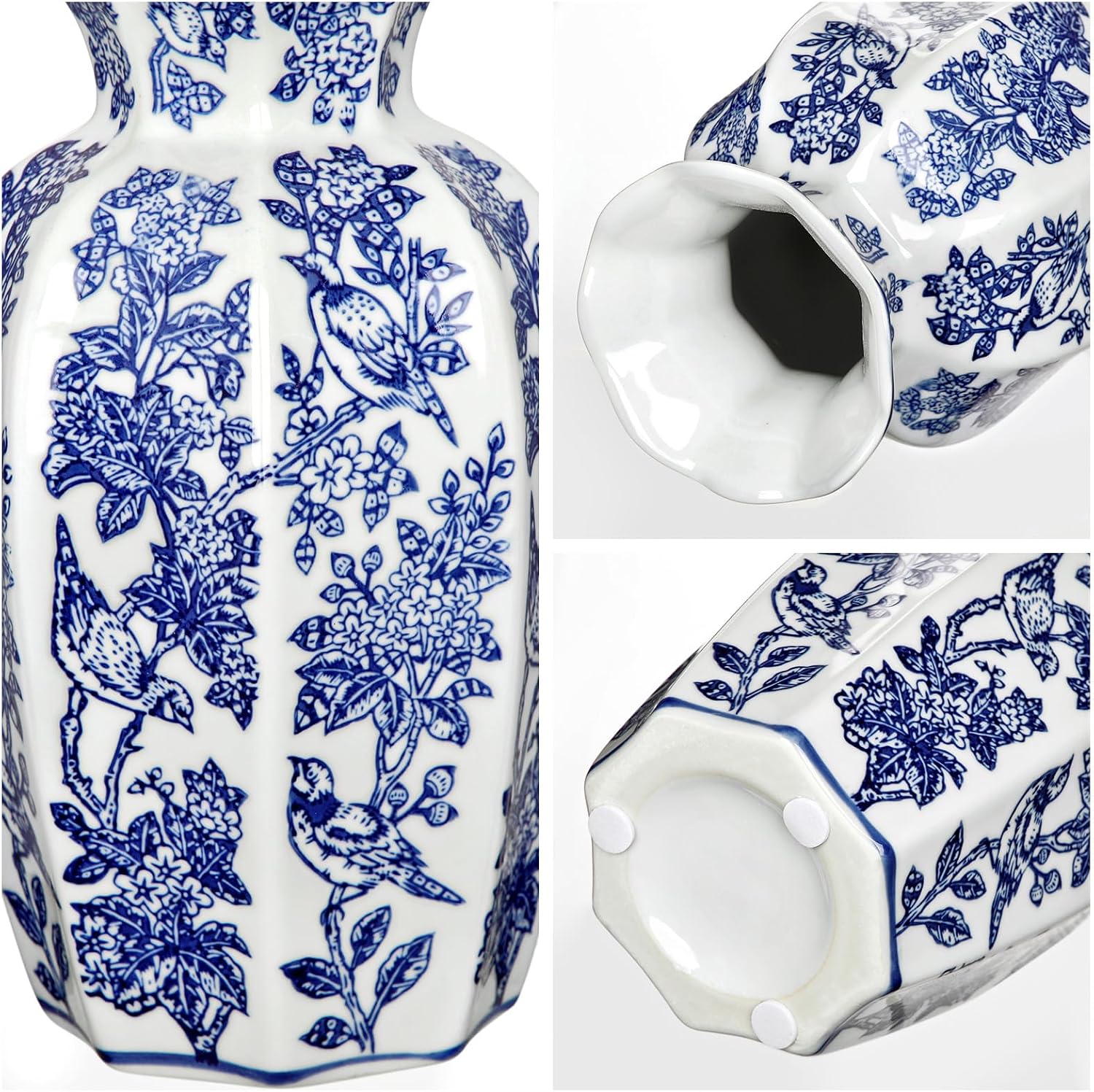Blue and White Vase Vintage Blue Ceramic Vase for Home Decor 9.6 Inch Decorative Porcelain Floral Bird Chinoiserie Ceramic Vases for Centerpiece Living Room Kitchen Shelf