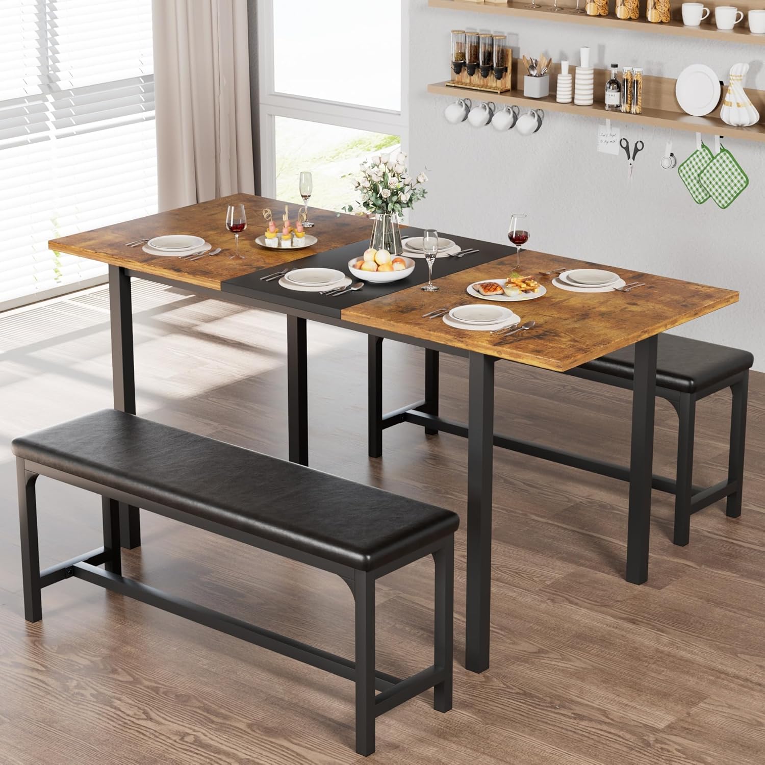 VECELO 3-Piece 63" Extendable Kitchen Table with Benches/Chairs, Modern Breakfast Dinette/Dining Room Set for 4/6/2, Small Space Saving Design, Easy Assembly