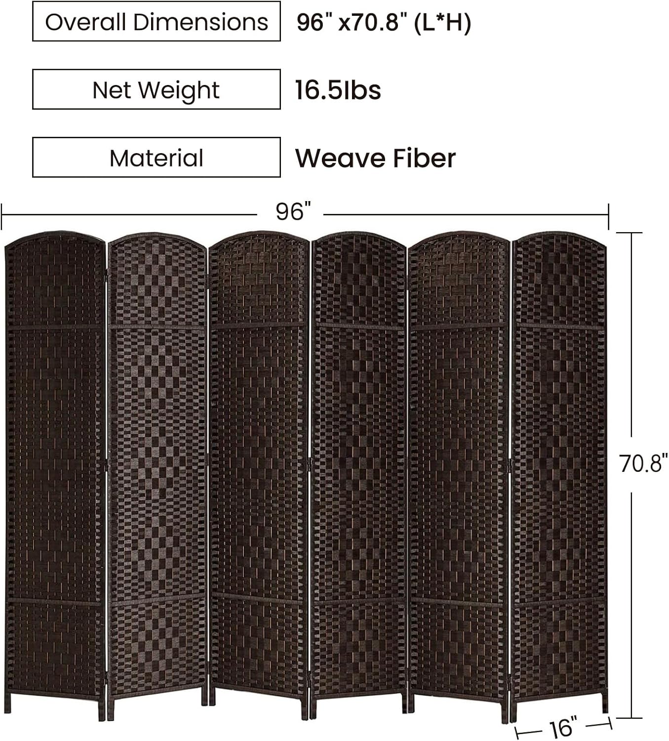 Rose Home Fashion Room Divider, 6 ft Tall Room Dividers and Folding Privacy Screens, 16in Privacy Screen 6 Panel Dark Coffee Space Temporary Wall Foldable Partition Separation