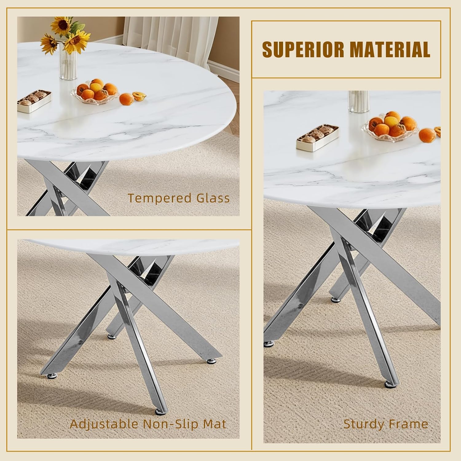 35.4 Inch Marble Dining Table for 4, Modern Round Kitchen Table with Silver Legs, Spacious Dining Room Furniture for Apartments, Studio, and Open Kitchen & Dining Areas