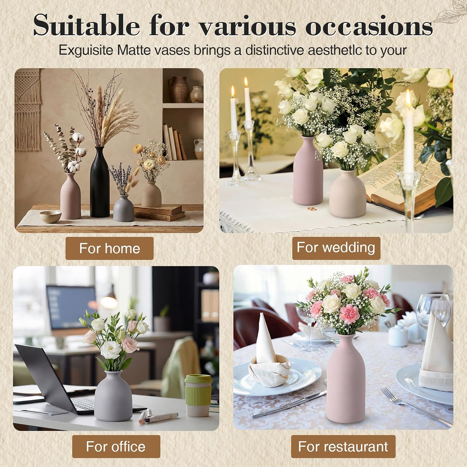 Dandat Brown Ceramic Vase Set of 4, Modern Ceramic Vases Neutral Colors Farmhouse Table Centerpiece for Dried Flowers, Living Room, Kitchen, Bedroom