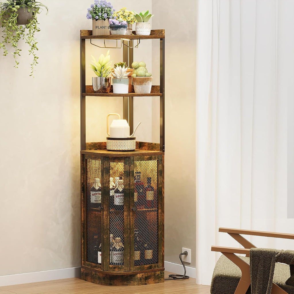 EOYUTLLY Corner Bar Cabinet with Power Outlet and LED Strip, 65" H 5-Tier Corner Liquor Wine Display Cabinet for Home, Storage Solution for Living Room, Kitchen, Home Bar, Brown