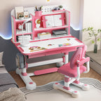 Kids Functional Desk and Chair Set, Ergonomic Height Adjustable Children School Study Desk with Tilt Desktop, Book Stand, Bookshelf, Metal Hook and Storage Drawer for Boys Girls 3-18 Years Old Pink