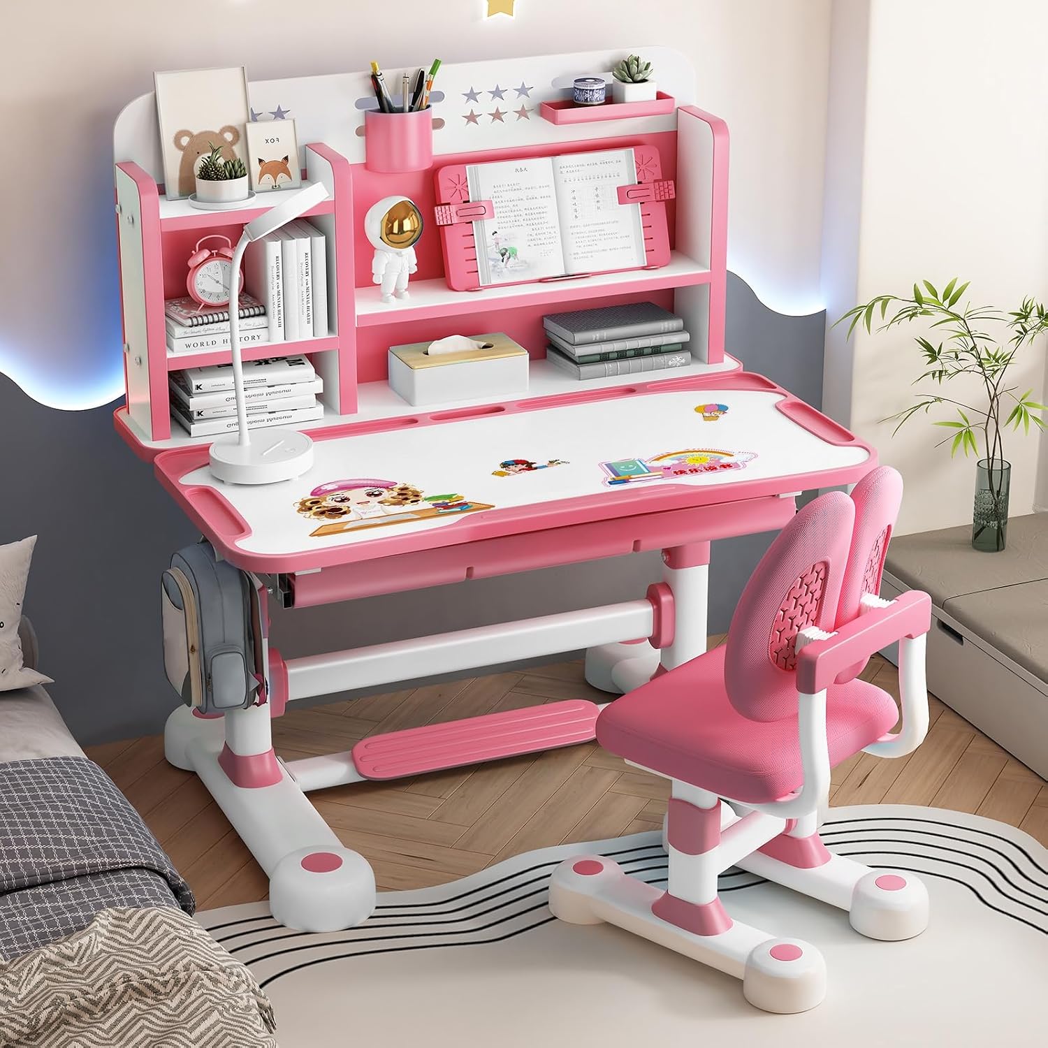 Kids Functional Desk and Chair Set, Ergonomic Height Adjustable Children School Study Desk with Tilt Desktop, Book Stand, Bookshelf, Metal Hook and Storage Drawer for Boys Girls 3-18 Years Old Pink