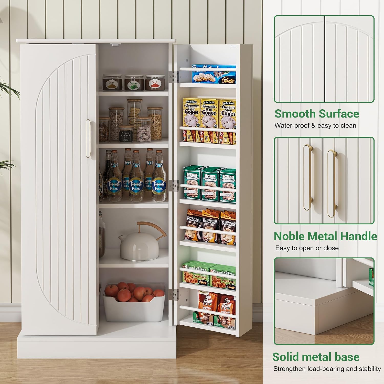 kepptory Kitchen Pantry Cabinet 47" H, Farmhouse Storage Cabinet with Adjustable Shelves and Drawer, Buffet Cupboards Sideboard for Kitchen, Dining Room, Living Room (White, 16" D x 24" W x 47" H)