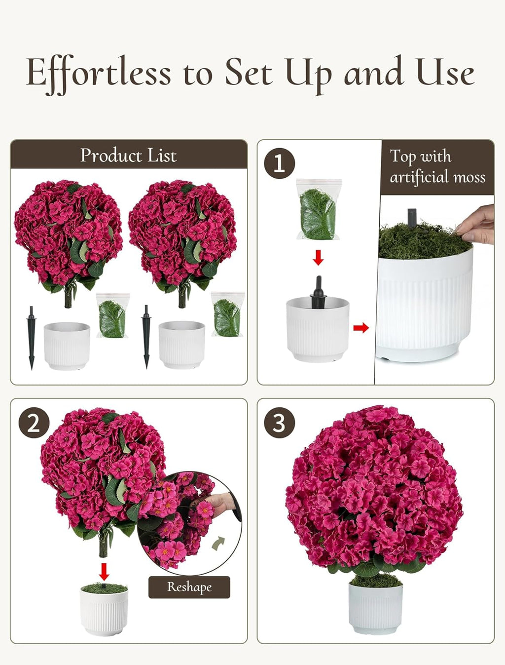 Faux Geraniums for Outdoor Planters: 26” Faux Flower Topiary Ball with Pot Set of 2 for Patio Porch - Hot Pink UV Resistant Silk Geraniums for Outdoors Front Door