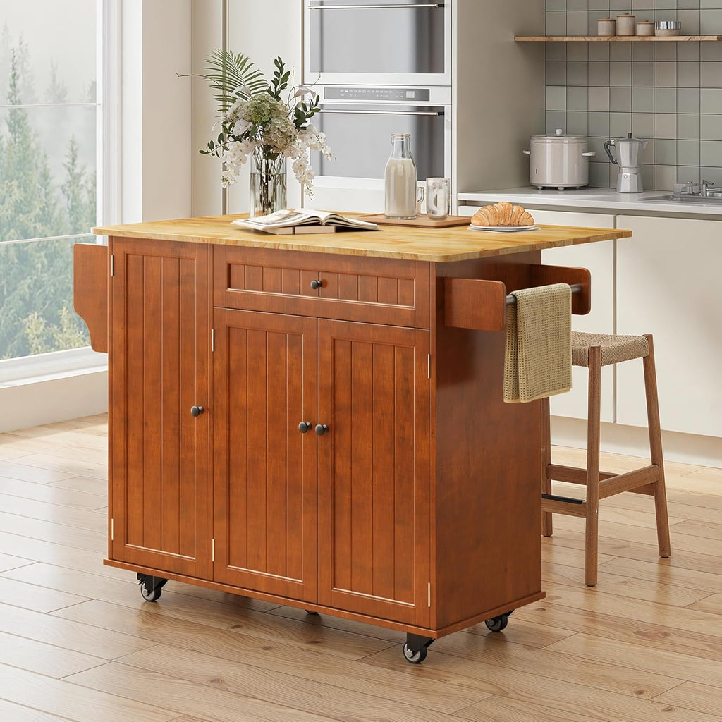 Ahomly Kitchen Island with Storage, Rolling Kitchen Island on Wheels with Drop Leaf, Interal Storage Rack, a Drawer, Spicy Rack and Towel Bar, Mobile Island Table for Kitchen, Brown