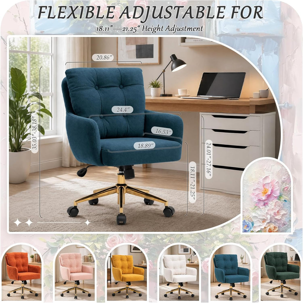 Modern Home Office Chair Velvet Desk Chair Accent Armchair Gold Legs Swivel Task Chair with Wheels Ergonomic Lumber and Back Support, Height Adjustable Flip-up for Living Room, Bedroom, Office,Study