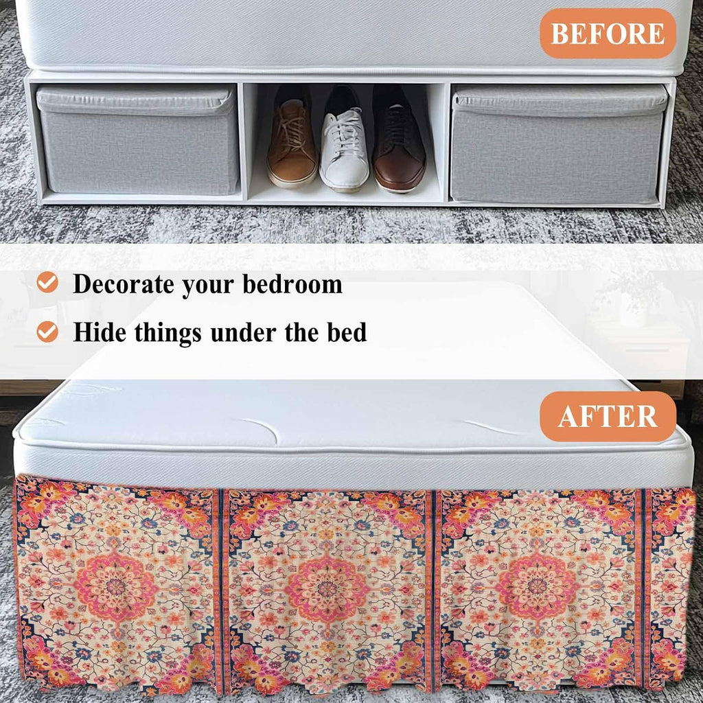 Boho Ethnic Bed Skirt Full/Queen Size Bed Skirting 18 Inch Drop Adjustable Elastic Dust Ruffles Wrap Around Bedskirt Pleated Southwest Aztec Tribal Geometric Aesthetic Bedding Frame Cover for Dorm