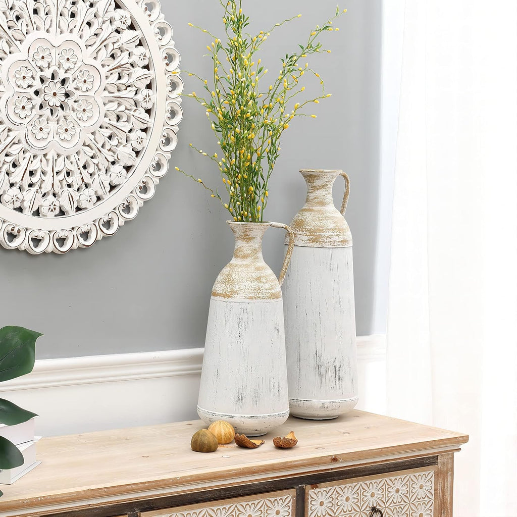 LuxenHöme Tall Floor Vase,Set of 2,Distressed Off White and Brown Rustic Metal Vases,Farmhouse Home Decor Accessories for Living Room,Fireplace and Entryway Decorative
